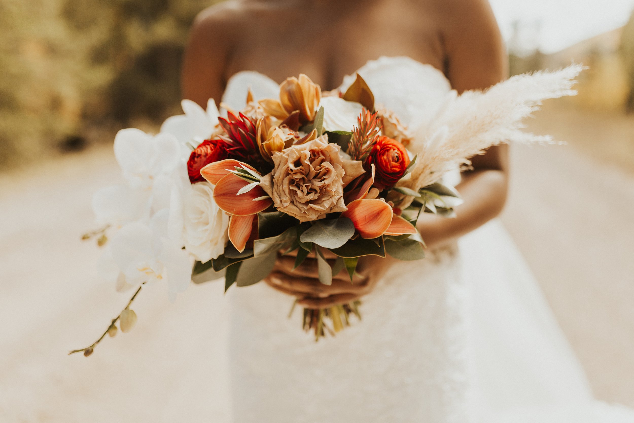 bridal bouquet with orange and white textures